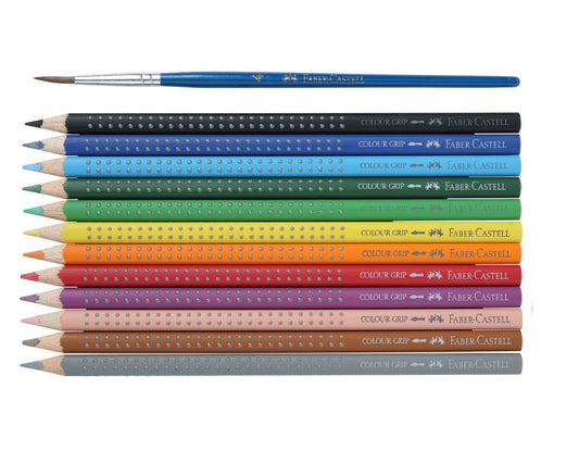 Faber Castell 12 Colour Grip + Brush, Watercolour Pencils