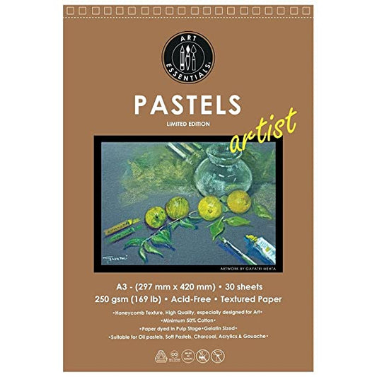 ART ESSENTIALS Pastel Artist A3 Dark Grey Honeycomb 250 GSM Paper, Short Side Spiral Bound Micro-Perforated Album of 20 Sheets
