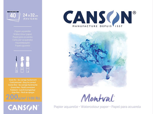 Canson Montval 24x32cm Natural White Cold Pressed 200 GSM Watercolour Paper, Long Side Glued (Pad of 40 Sheets) (200807358)