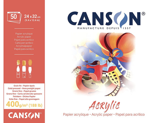 Canson Acrylic 24x32cm Natural White 400 GSM Painting Paper, Long Side Glued (Pad of 50 Sheets) (200807412)
