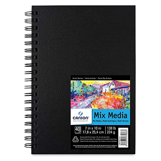 Canson Mix Media Art Book, Heavyweight French Paper, Double Sided Fine and Medium Texture, Side Wire Bound, 138 Pound, 7 x 10 Inch, 40 Sheets