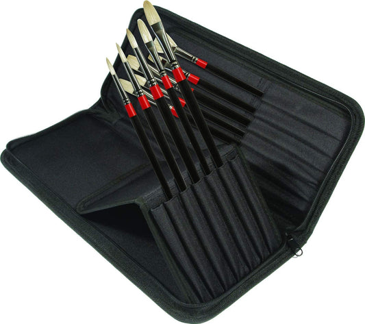 Daler-Rowney Georgian Oil Long Handled Brush Zip Case Classic Set, Natural Hog Bristle, 10 Assorted Brushes, Ideal for Professional Artists & Students