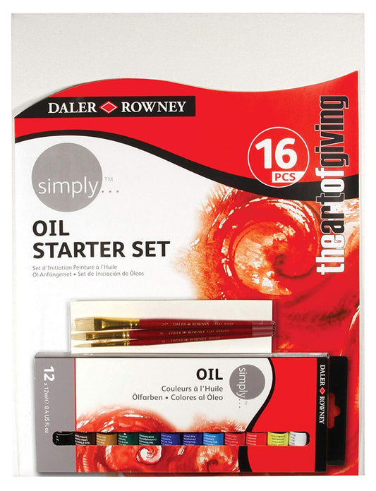Daler-Rowney Simply Oil Paint 16pcs Starter Set, 12 x 12ml Assorted Colours, Canvas, 3 Assorted Brushes, Ideal for Entry-Level Artists & Hobbyists