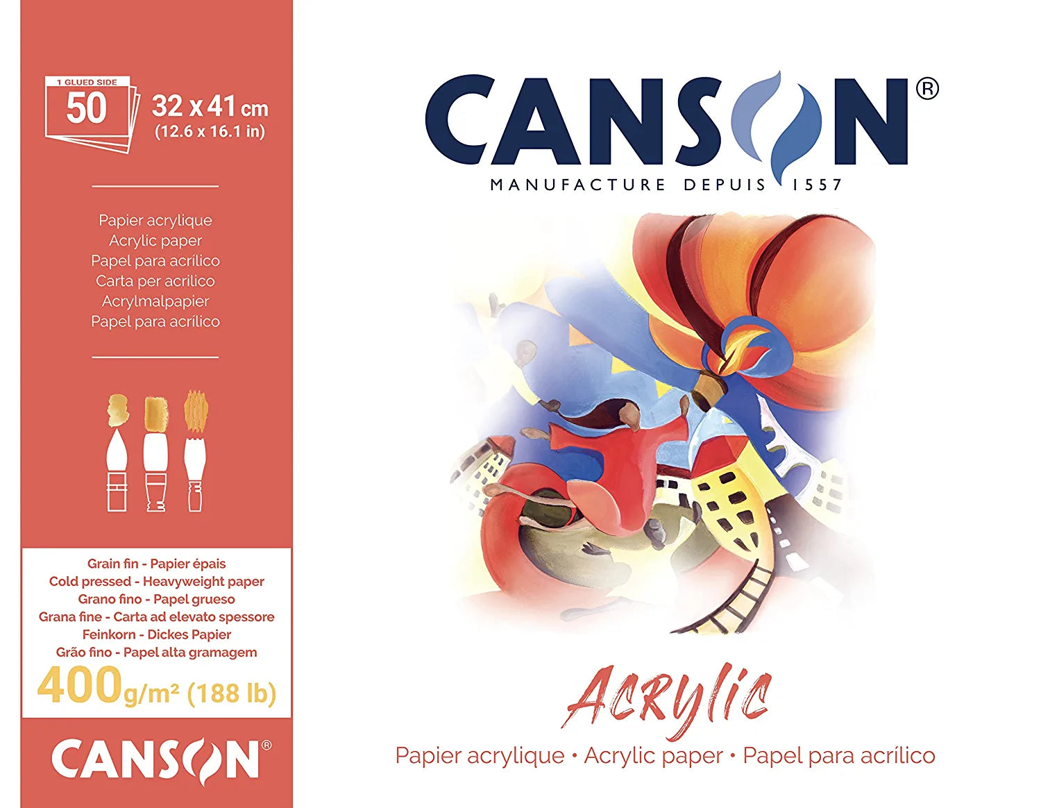 Canson Acrylic 32x41cm Natural White 400 GSM Painting Paper, Long Side Glued (Pad of 50 Sheets)