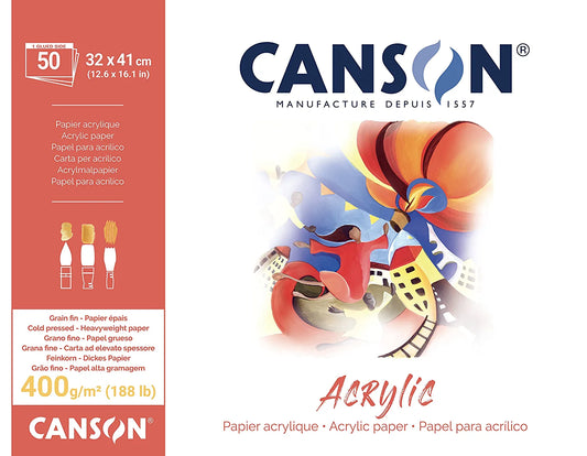 Canson Acrylic 32x41cm Natural White 400 GSM Painting Paper, Long Side Glued (Pad of 50 Sheets)