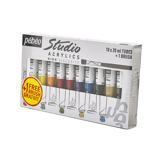Pebeo Studio Acrylics Assorted 20-Milliliter Tubes Including 1 Brush, Set of 10