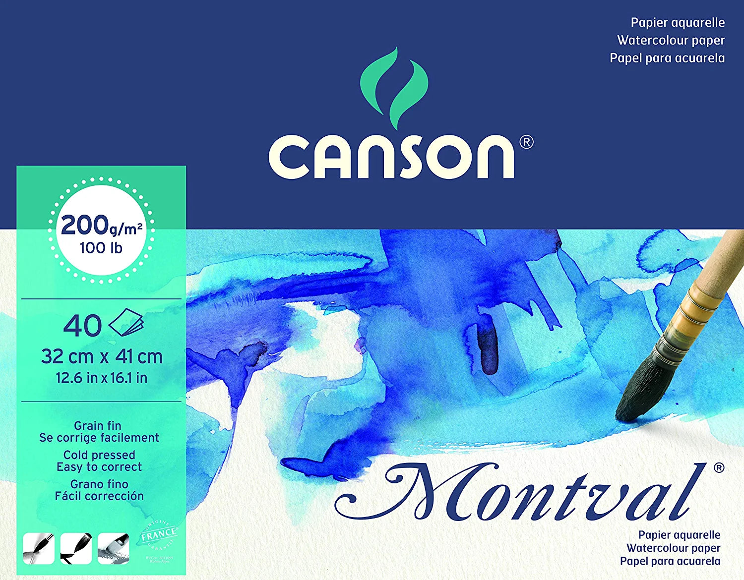 Canson Montval 32x41cm Natural White Cold Pressed 200 GSM Watercolour Paper, Long Side Glued