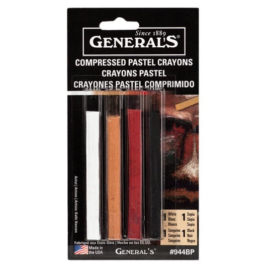 General Pencil Compressed Pastel Crayons 4/Pkg-1 White/1 Sepia/1 Sanguine/1 Black