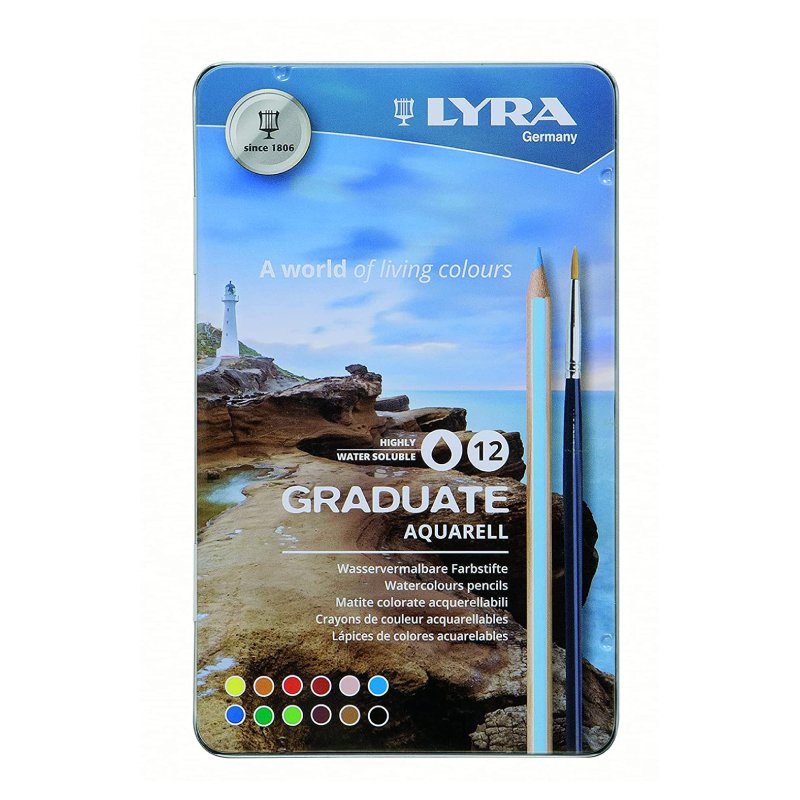 Lyra Graduate Aquarell Watercolour Art Pencil Set with Paintbrush & Metal Case (Assorted, Pack of 12)