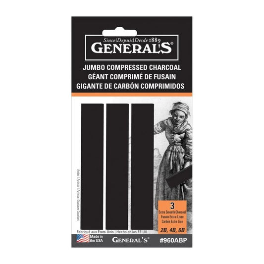 General Pencil Rectangular Jumbo Compressed Charcoal Sticks (2B, 4B and 6B) -Assorted