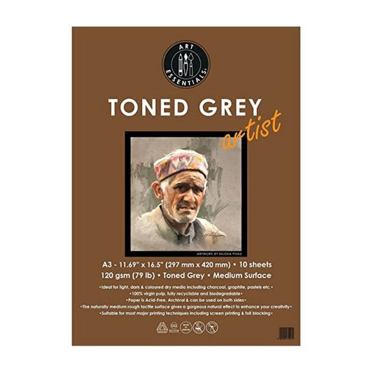 ART ESSENTIALS Toned Sketch Artist A3 Cool Grey Medium Surface 120 GSM Paper, Polypack of 10 Sheets,A3-10Sh