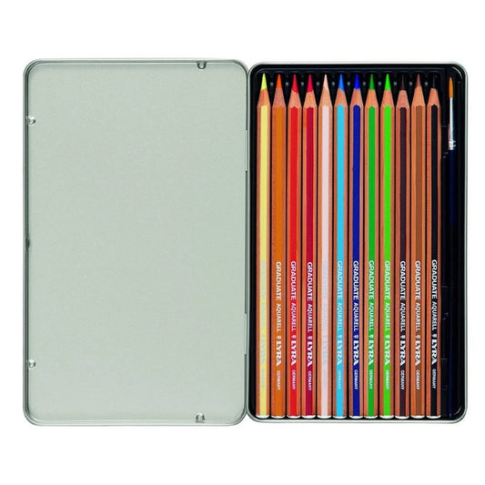 Lyra Graduate Aquarell Watercolour Art Pencil Set with Paintbrush & Metal Case (Assorted, Pack of 12)