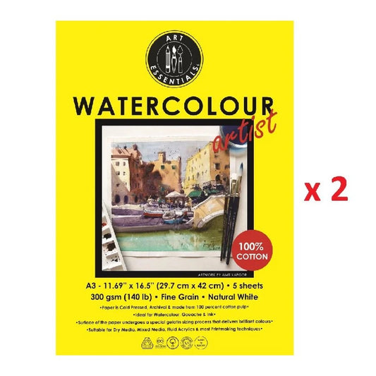 ART ESSENTIALS WATERCOLOUR ARTIST A3 (29.7 CM X 42 CM) NATURAL WHITE FINE GRAIN / COLD PRESS 300 GSM 100% COTTON PAPER, POLYPACK OF 10 SHEETS