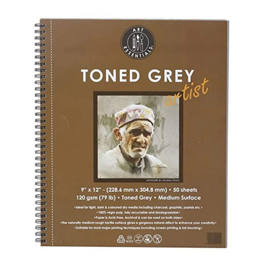 ART ESSENTIALS Art Essentials Toned Sketch Artist 9inch x 12inch Cool Grey Medium Surface 120 GSM Paper, Long Side Spiral Bound Micro-Perforated Album of 50 Sheets