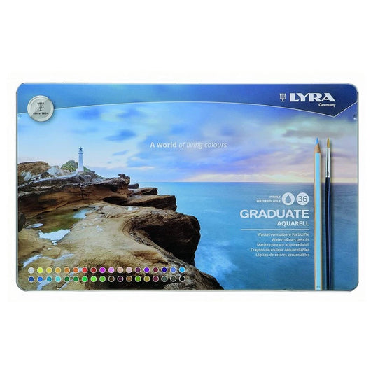 LYRA GERMANY Graduate Aquarell Watercolour Art Pencil Set with Paintbrush & Metal Case (Assorted, Pack of 36)