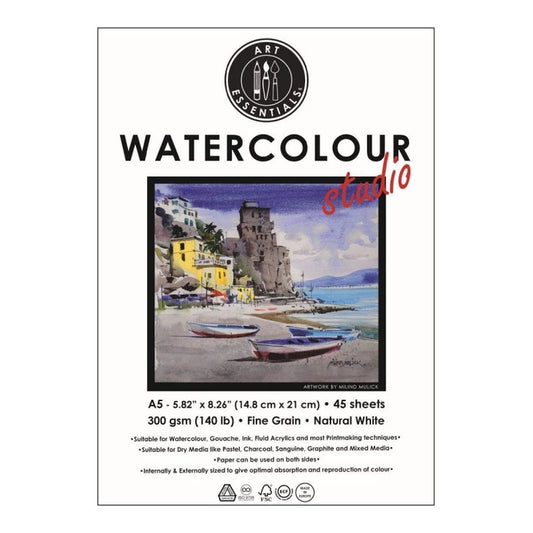Art Essentials Watercolor Studio Natural White Fine Grain 300 GSM Paper, Polypack (Pack of 45, Polypack - A5)