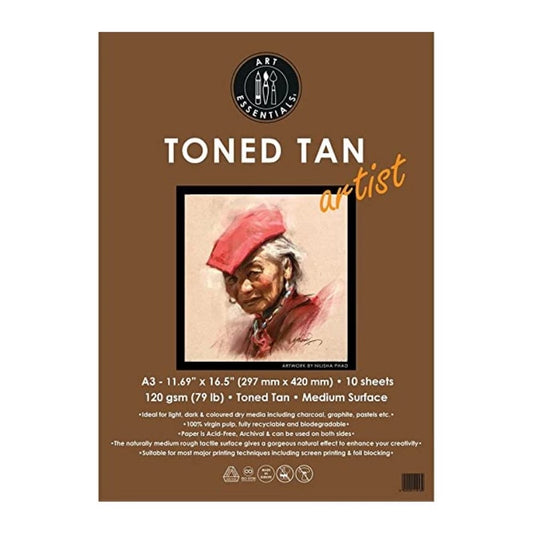 ART ESSENTIALS Toned Sketch Artist A3 Warm Tan Medium Surface 120 GSM Paper, Polypack of 10 Sheets