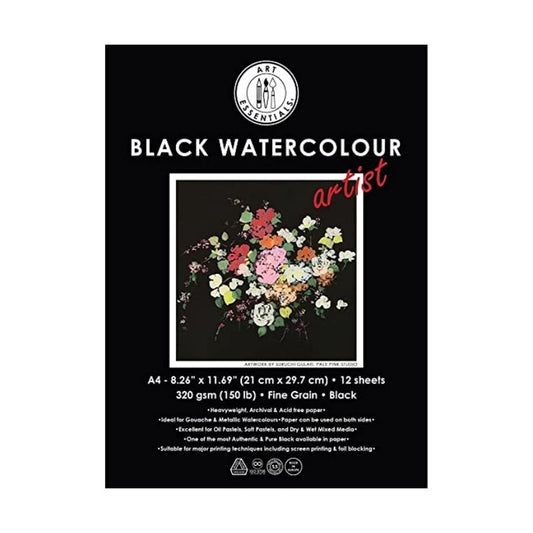 ART ESSENTIALS Art Essentials Black Watercolour Artist A4 Black Fine Grain / Vellum 320 GSM Paper