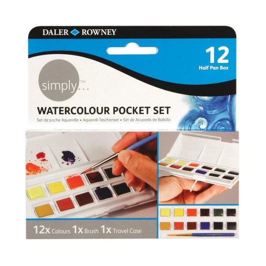 Daler-Rowney simply watercolour pans pocket set of 12 assorted colour paints and brush