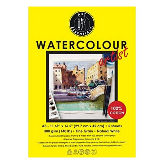 Art Essentials Watercolour Artist A3 (29.7 cm x 42 cm) Polypack of 5 Sheets