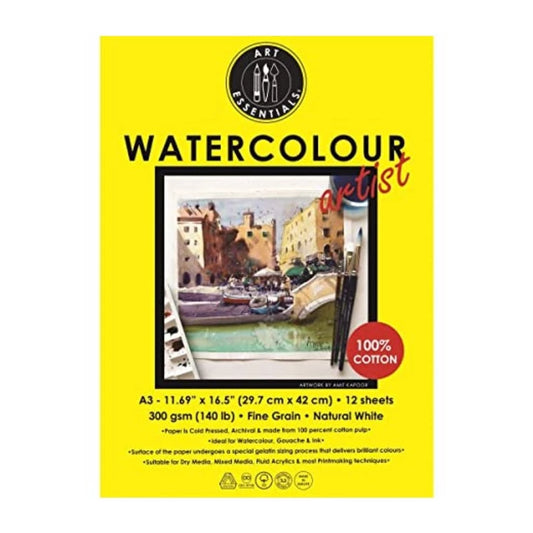 Art Essentials Watercolour Artist A3 (29.7 cm x 42 cm) 300 GSM Paper Short- Side Glued, Pad of 12 Sheets