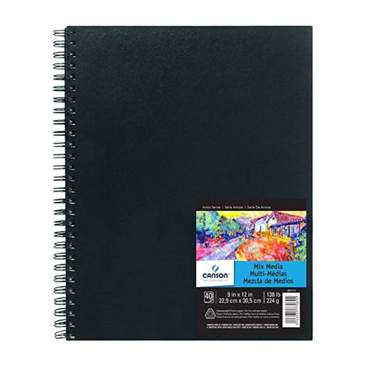 Canson Mix Media Art Book, Heavyweight French Paper, Double Sided Fine and Medium Texture, Side Wire Bound, 138 Pound, 9 x 12 Inch, 40 Sheets