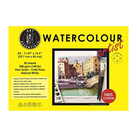 Art Essentials Watercolour Artist A3 (29.7 cm x 42 cm) 4 Side Glued Pad of 20 Sheets