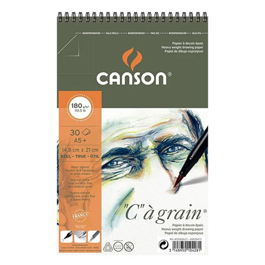 Roll over image to zoom in Canson C à Grain Drawing 180 GSM Fine Grain 14.8 x 22.7 cm Paper Spiral Pad(Natural White, 30 Sheets)